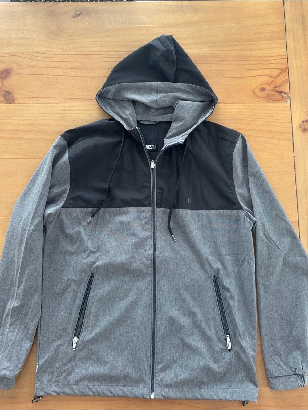 Men's Two-Tone Black & Gray Hooded Zip Jacket by Linksoul. Size small
